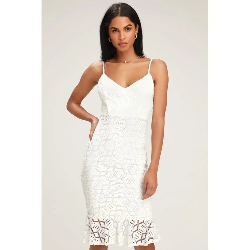 NWT Lulu’s Dancing Slow Cream Lace Ruffled Bodycon Dress Nylon Stretch Size XL